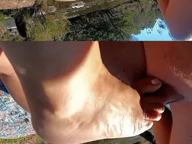 Undressed Public Outdoor Footplay and Screwing. Spectators and Kayakers Watching