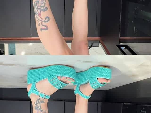 Blue Wedges Sandals and Blue Toenails Polish on Long Toes, Leather Blue Miniskirt