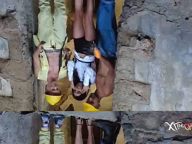 Construction Workers Gangbang Horny Brunette in Ruins Double Penetration