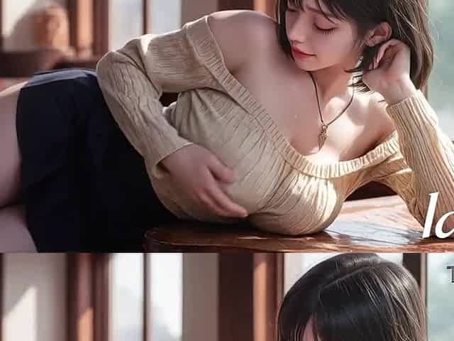 Here! Top Oriental hotty bangs in a cafe [AI]