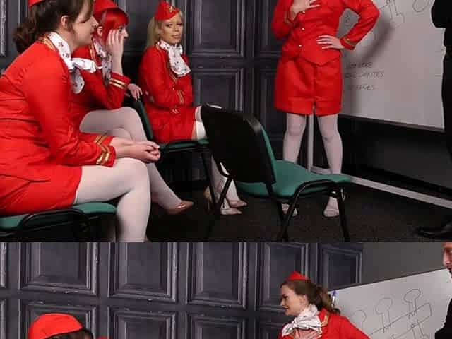 Uniformed CFNM babes gives blowjob