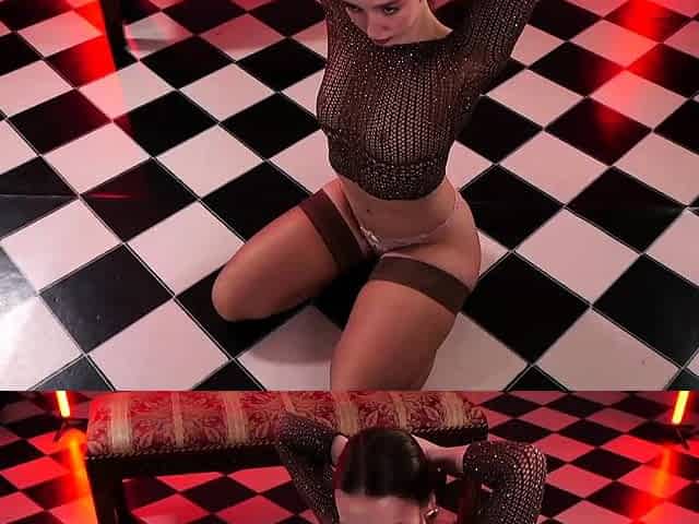 Sexy ass brunette in black stockings and high heels teases
