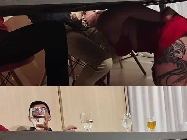 Cuckold Is Distracted Closing Deals While I Get Under The Table To Suck My Partners Cock