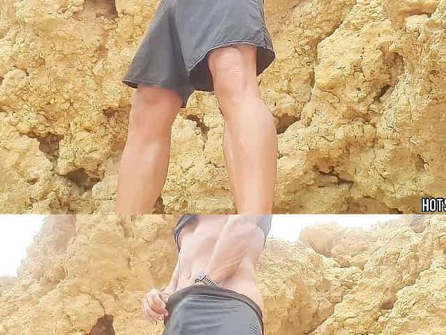 Sexy Man humping rocks on a public beach and stroking - risky