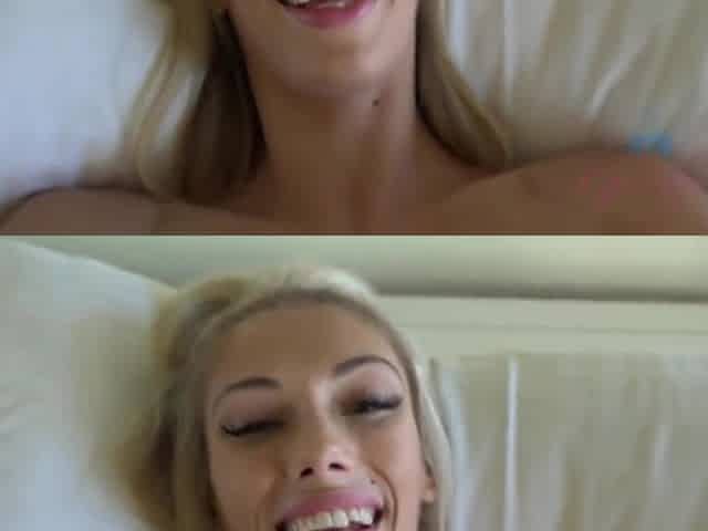Slutty blonde girl has a huge smile on her face while giving a footjob to her guy