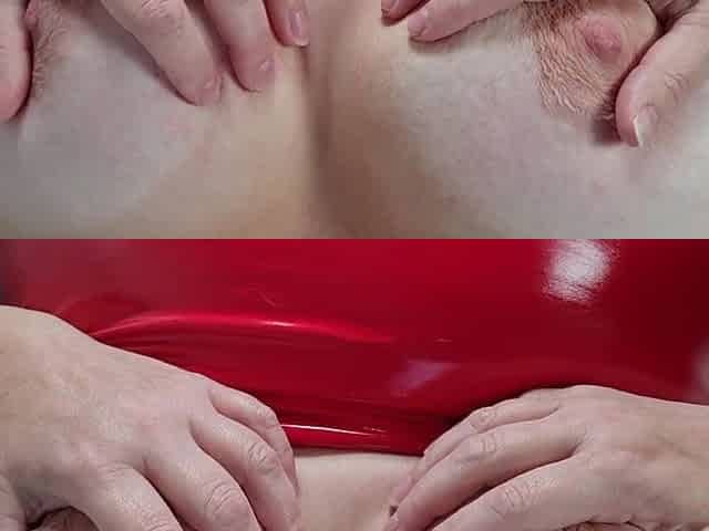 Vibrator in Hary Pussy to Loud Orgasm in kinky red PVC dress squeezing huge milker mommy tits
