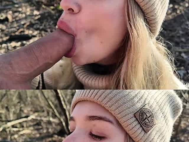 Russian schoolgirl showed her tits and gave a slobbery blowjob in the forest. We almost got caught