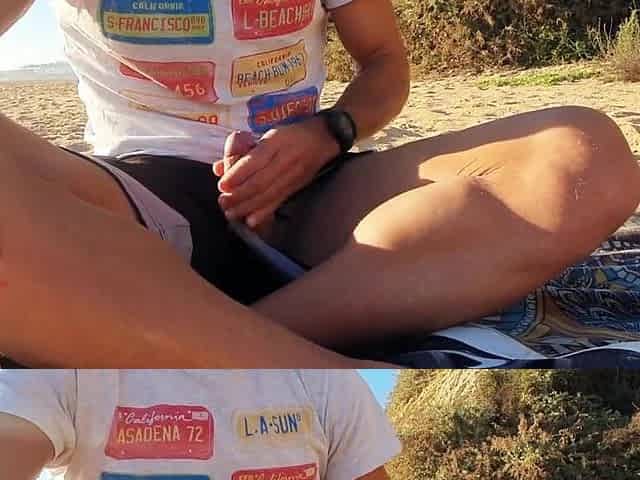 I love watching my boyfriend touch his sexy jock on a public beach