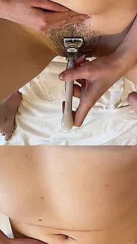 POV Gal Shaves Very Shaggy Cunt, Full Bush And Rubs Hair On Body
