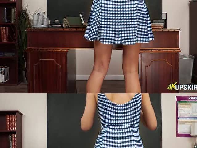 Leggy chick Bonnie shows off her wet and whorish pussy upskirt