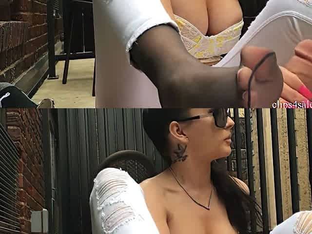 Glamorous Brunette Uses Her Stockinged Feet To Please A Cock On The Balcony