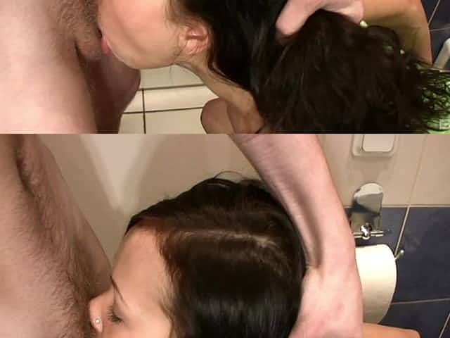 Horny boyfriend interrupts his pissing girlfriend with his dick