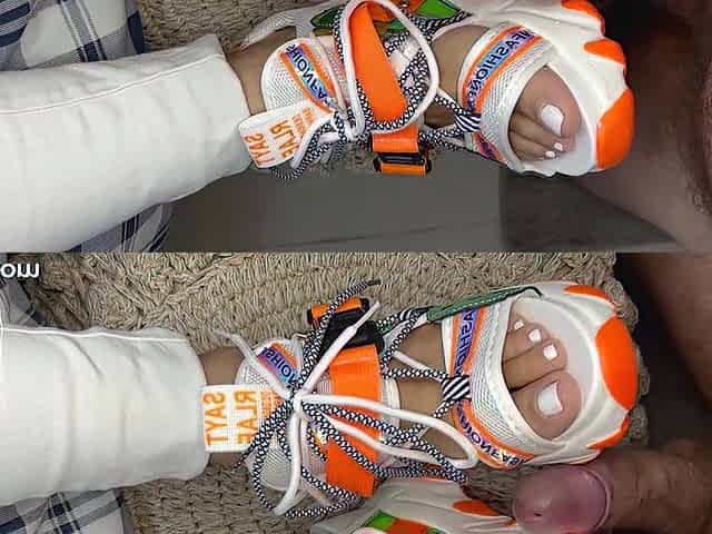 Platform sport sandals footjob and a large load of cum for 'em