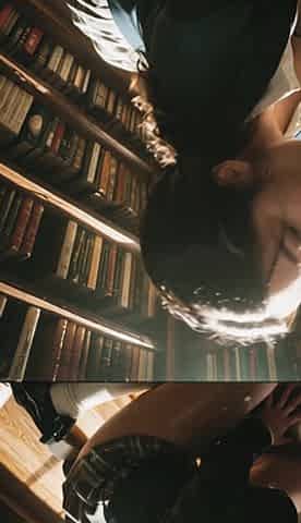 Black-haired schoolgirl doggy in library and sloppy blowjobs