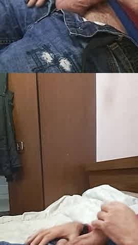 Hunk with massive dong jerks off previous to couch