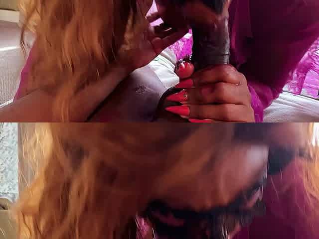 Ashanty ROSE, a gorgeous Ebony woman with a flawless booty, giving a fellatio to a large Ebony penis