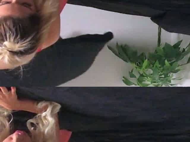 Sexy blonde in stockings does a professional blowjob