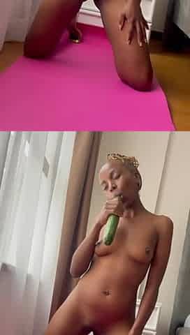 Monster Cucumber Drives Ebony Slut to a Gushing Squirt
