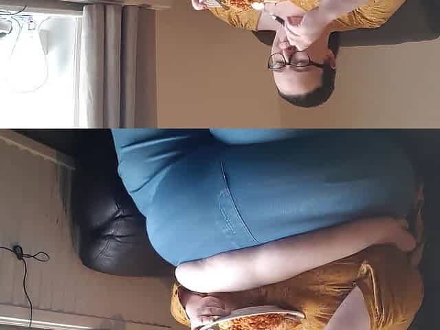 SSBBW giant stomach while eating on sofa