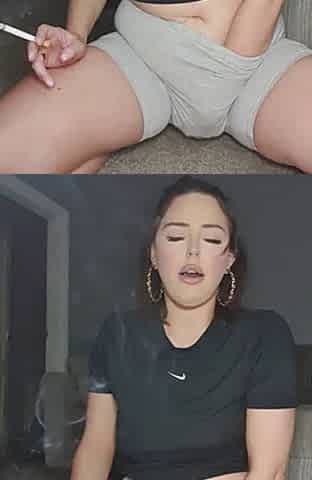 Smoking British chavy teen slut squirts over her Nike shorts