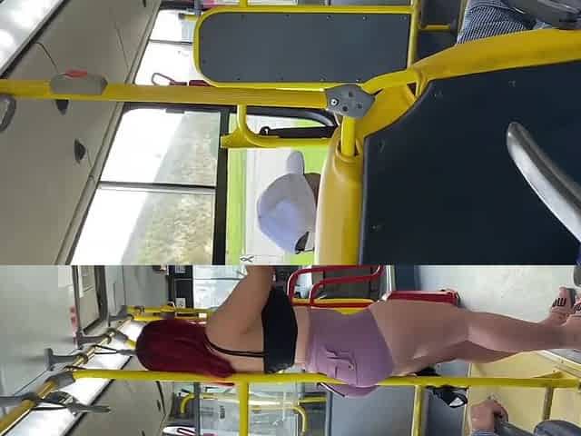 Redhead gets so horny she rubs her slick pussy on the public bus