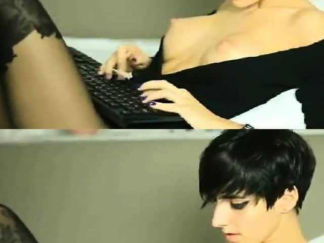 Tattooed beautie with black short hair in stockings teases