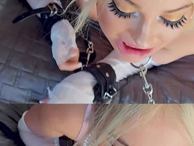 Hot blonde bimbo gets handcuffed and fucked by a bald man with big cock
