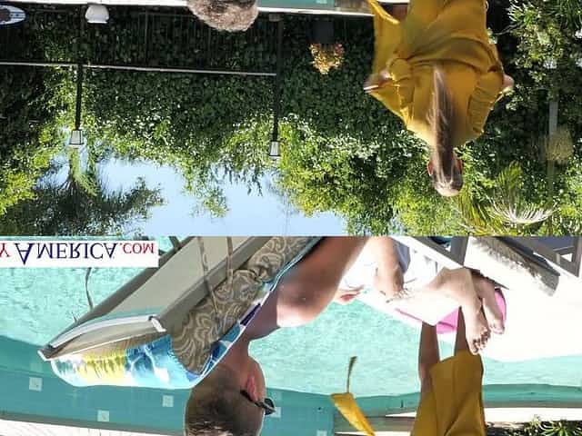 Awesome seductress in bikini Bridgette B seduces her neighbor by the poolside