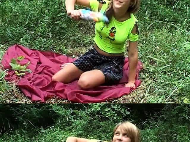 Naughty short haired blonde teen fingers herself outdoor