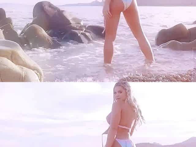 Sexy Golden-haired Henessy Bikini Striptease on the Beach