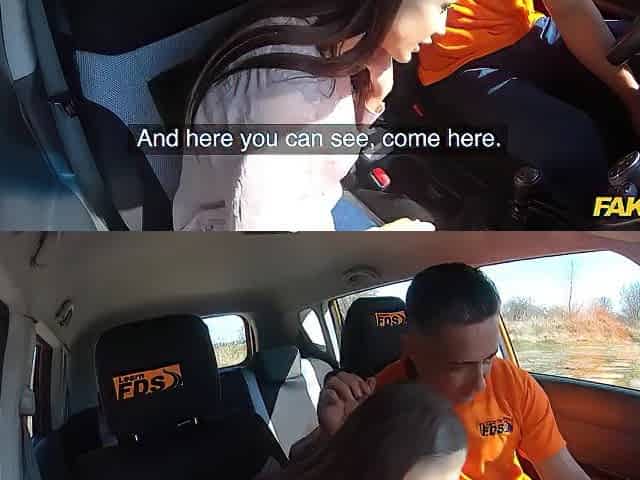 Brown haired aged sweetheart drilled outside of the car - Fake Driving School