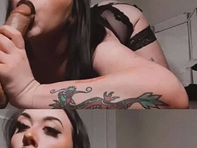 Tatted Babe in Black Lipstick Gives Sloppy BJ
