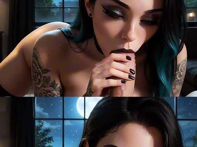 Sexy AI goth babe takes a dripping facial on casting couch