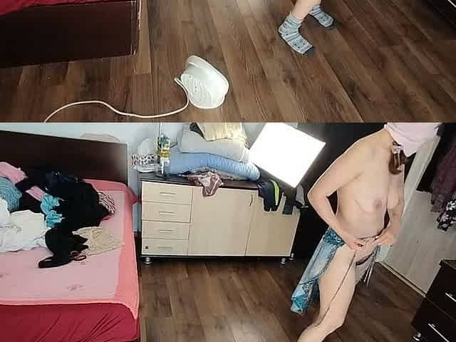 Sexy Brunette Having Fun Trying on Clothes. Sexy Mom Dances Naked Around the House.