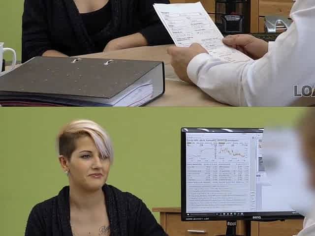 Hot blonde with great forms lets a loan manager stuff her mouth and pussy for money