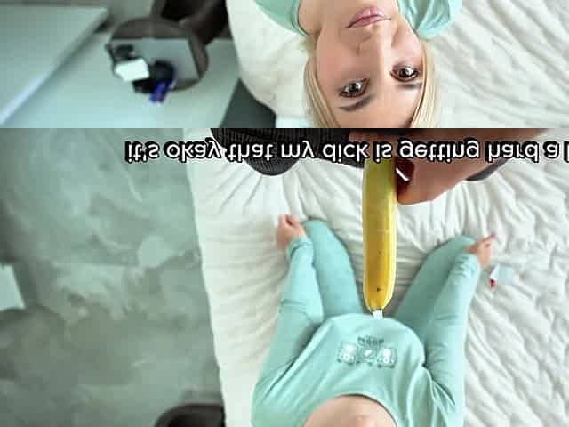 Hot milf shows him how to put a condom on a banana and gets fucked after that POV