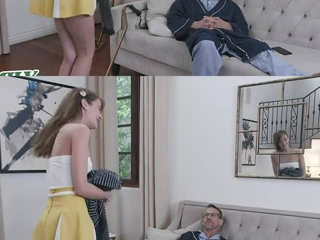 The dirty old man is faking the injury just so he can perv on her hot body
