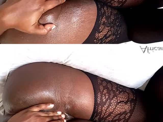 Ebony cutie with large butt Screwing her creamy snatch with Brown Sextoy