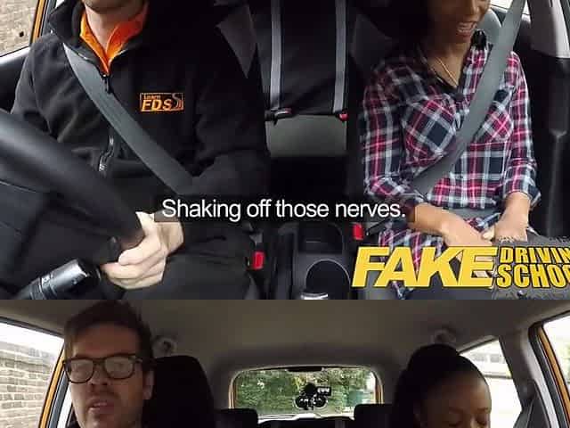 Fake Driving School breasty ebony cutie fails her test with lesbo examiner