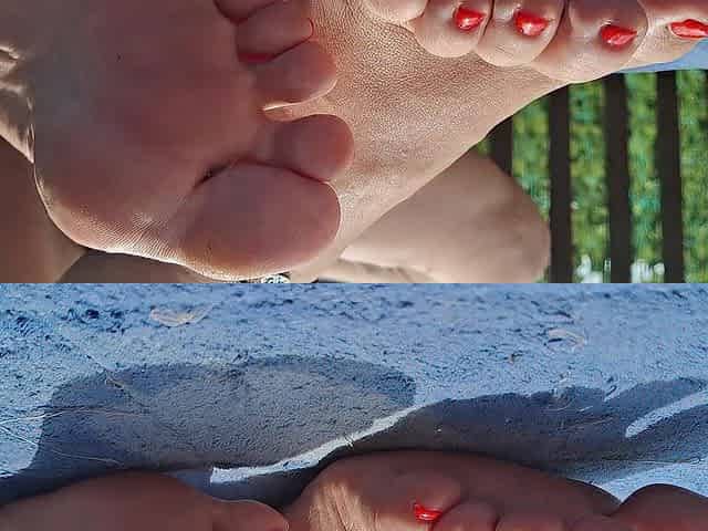 Aged Neighbour teases me with here cute red toes whilst I stroke and cum on her feet