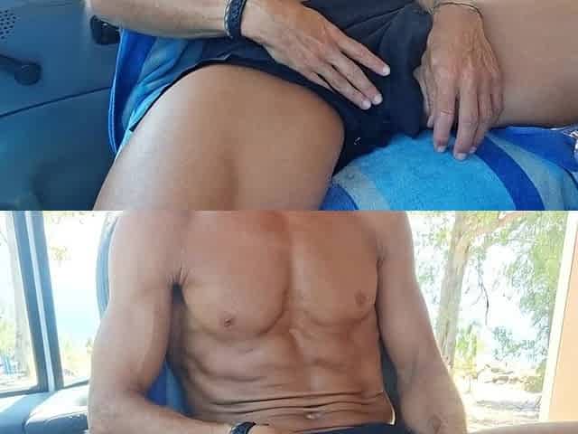 Hawt Dude masturbates his large dick in a van with people passing by - Risky