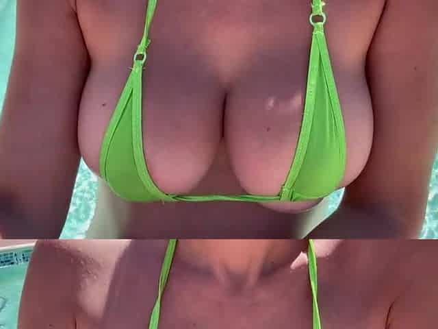 European Stepmom Artemisia Love showing her wet bazookas in a bikini in the pool
