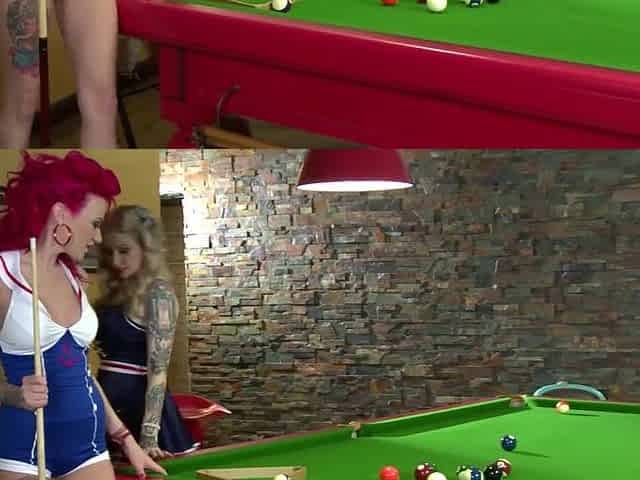 Tattooed billiard chicks Becky Holt & Belle Ebony lick their high heels
