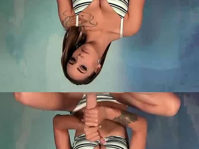 Super sexy brunette chick jerks off a cock
