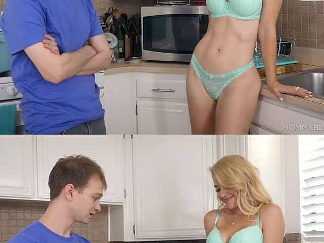 Super curvy blonde lady in turquoise lingerie is into sucking tasty cock