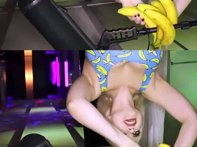 Blonde chick in high heels plays with bananas