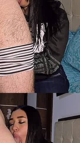 Brunette with Jeans, Making Pink Lipstick in Her Mouth to Taste the Dick of Her Boyfriend.