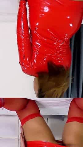 Huge Dildo Fucking in Red Outfit