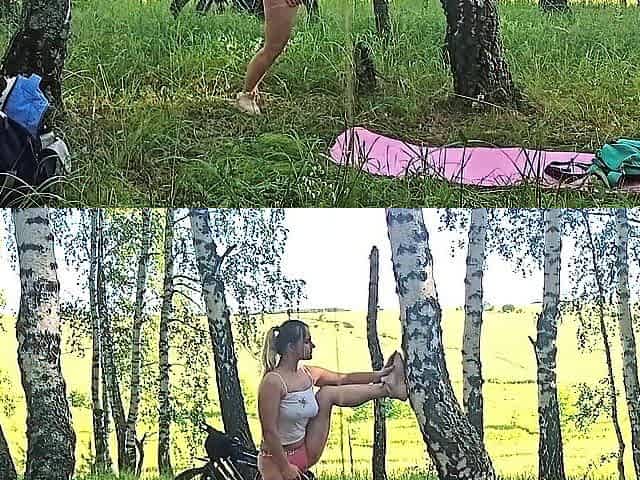 Gorgeous blond masturbates and ends up squirting after a run in the forest