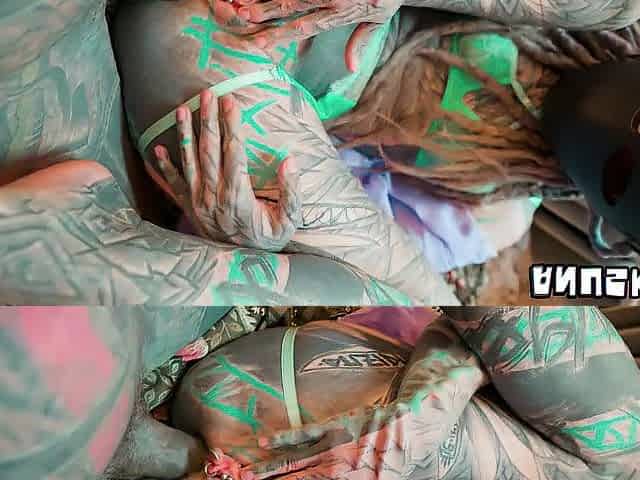Tattooed, masked beauty gets anal drilled and ends up with her vagina oozing in cum